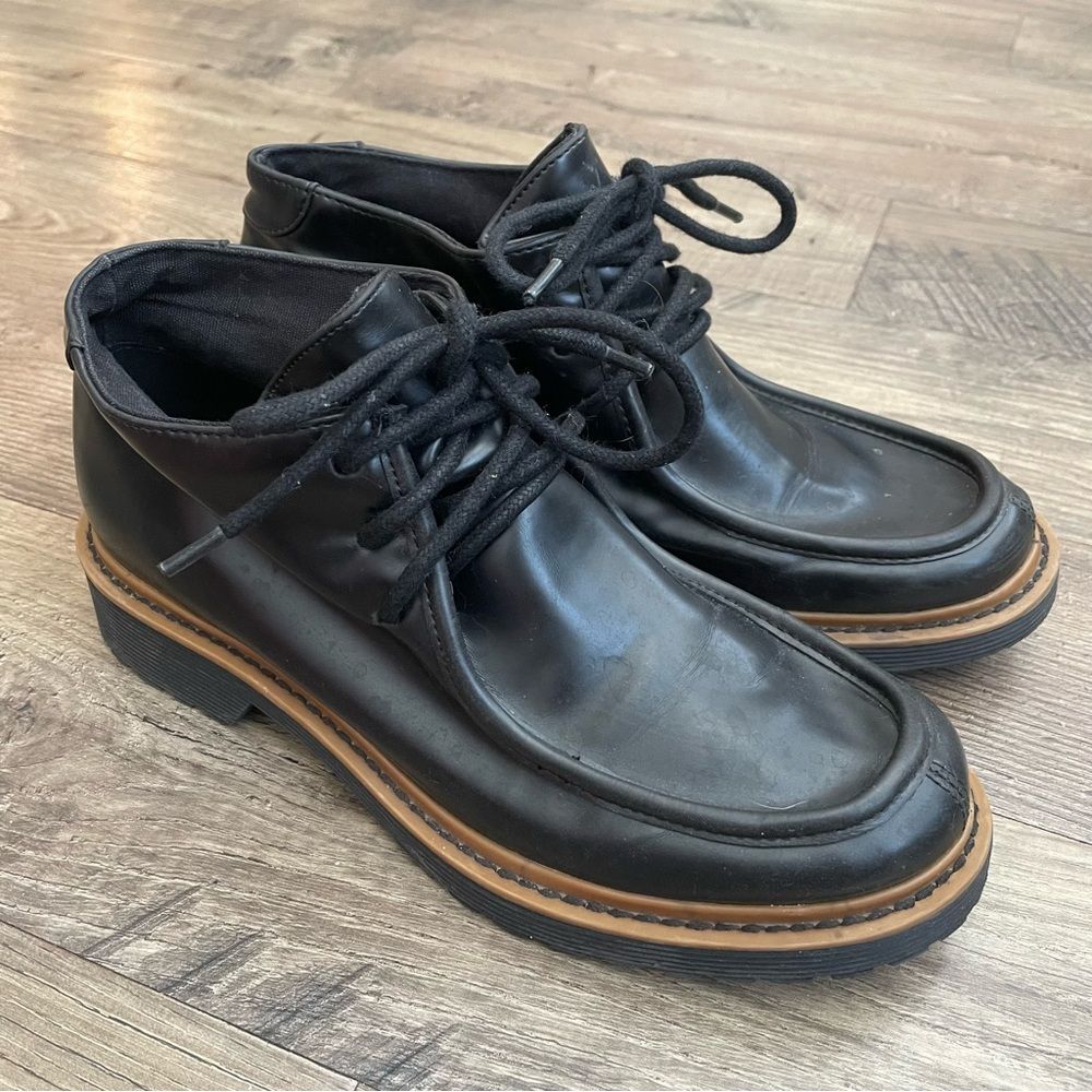 MONKI Faux Black Patent Leather Lace Up Loafers